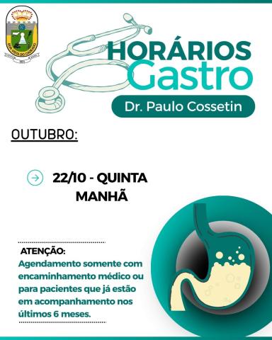 UBS informa cronograma de atendimentos em gastroenterologia para o mês de outubro